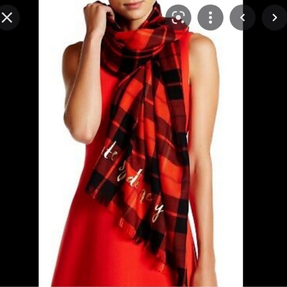 Kate Spade- New York Woodland Plaid Oblong Scarf Red and Black Plaid w Fringe